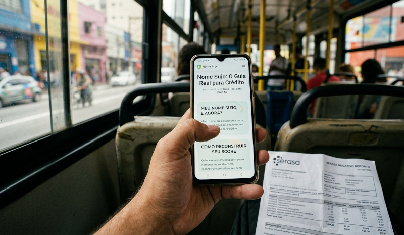 Pessoa lendo guia sobre nome sujo e crédito para negativados no celular